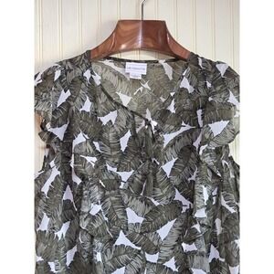 Liz Claiborne‎ Blouse Womens Large Green Leaf Print Sheer Flutter Sleeve Top